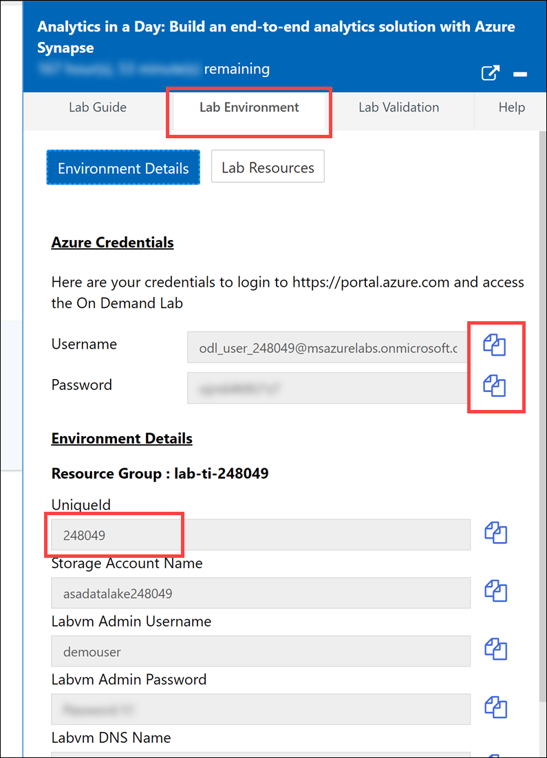 The lab environment details are displayed.