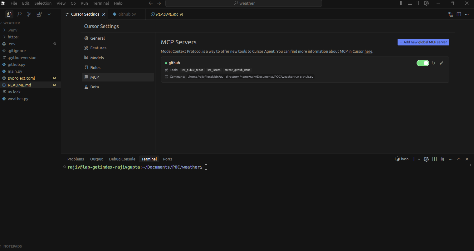 Cursor MCP Server ON/OFF Status