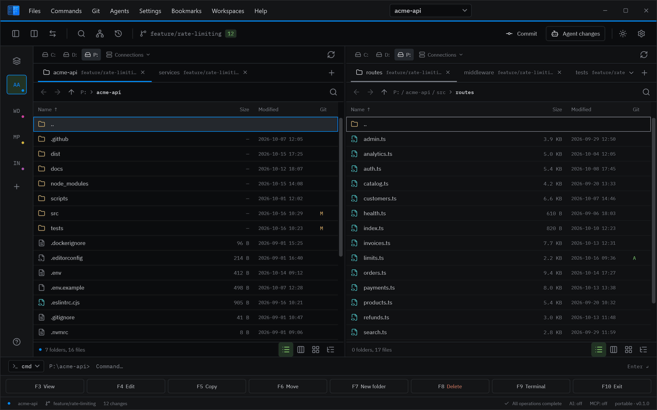 TCVibe switching between four project workspaces: each one restores its own panels, tabs, branch and terminal.