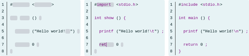 Preview of a source cloze question on Moodle: filling out an HelloWorld program in C language.