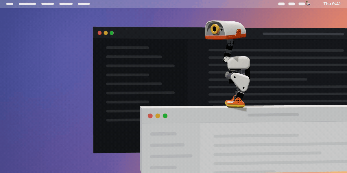 A small white robot duck walking along the top edge of a window on a Mac desktop