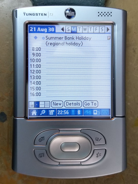 A Palm Tungsten T3 showing the date book on August 30th, 2021 with the "Summer Bank Holiday (regional Holiday)", imported via HotSync from Google Calendar.