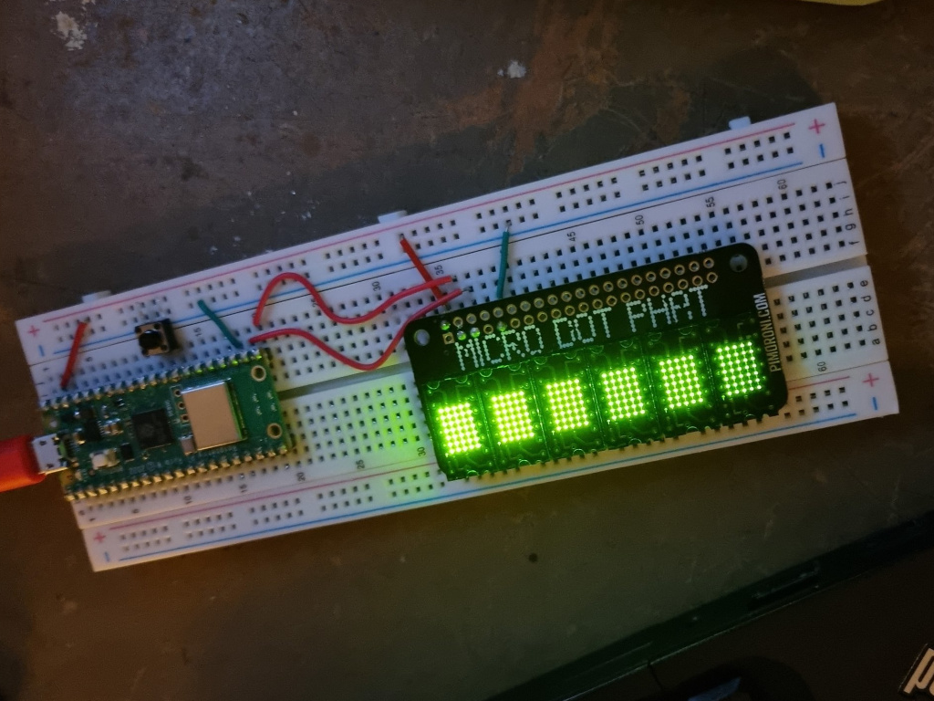 The Micro Dot pHAT wired up to Pico W on a breadboard