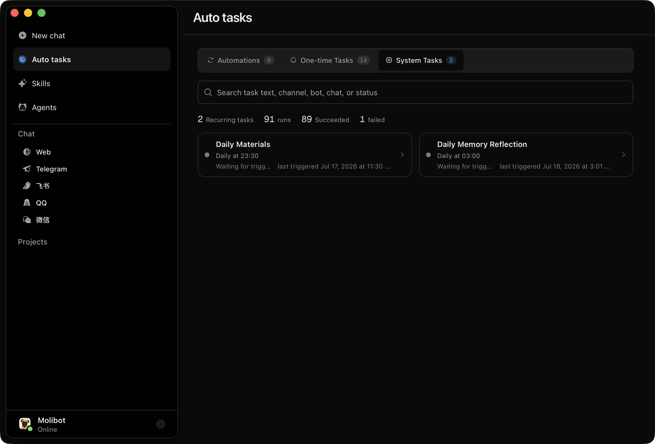 Auto tasks — automations and system tasks