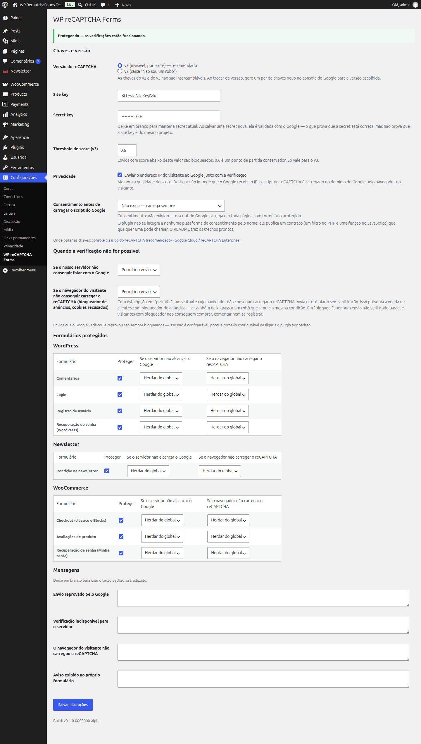 Tela de configurações