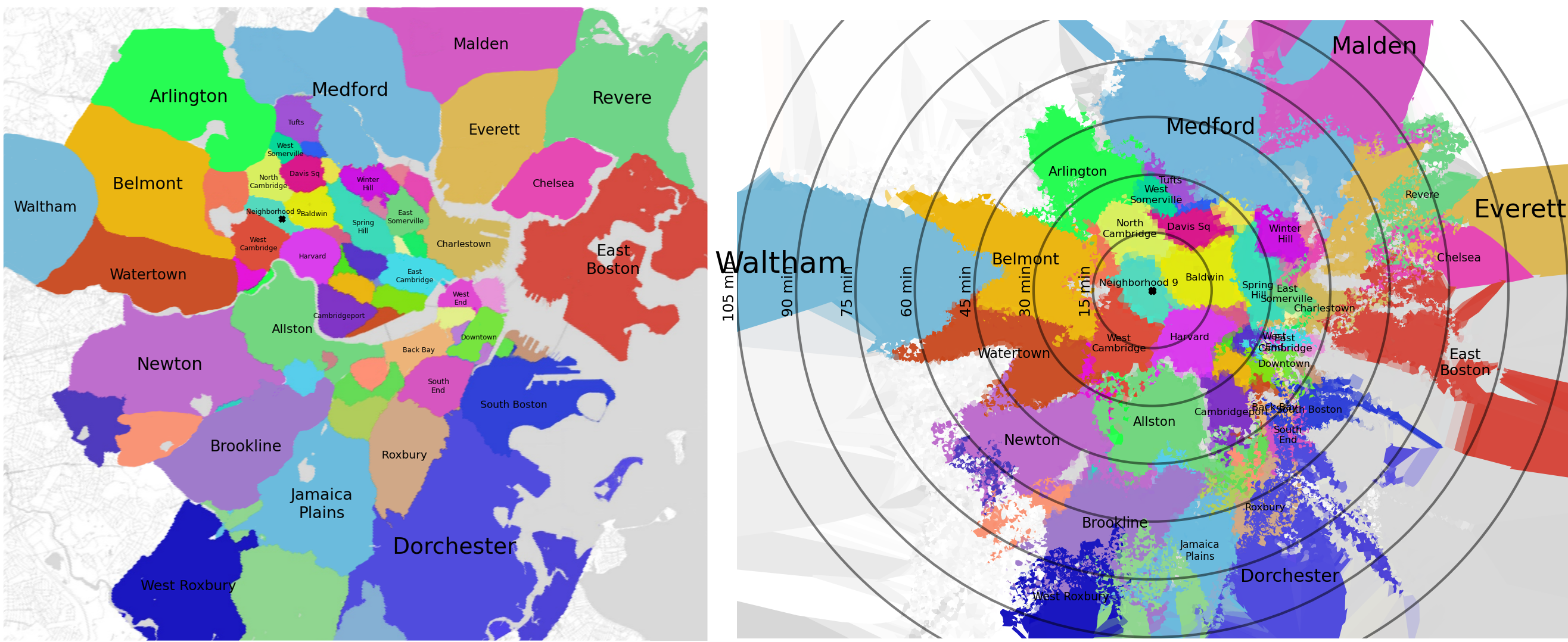 Map of Boston neighborhoods with both physical distance and public transportation travel time as metrics