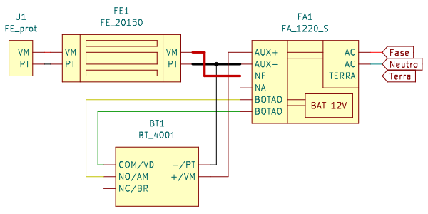 Exemplo de esquema elétrico usando FA 1220 S, FE 20150 e BT 4001