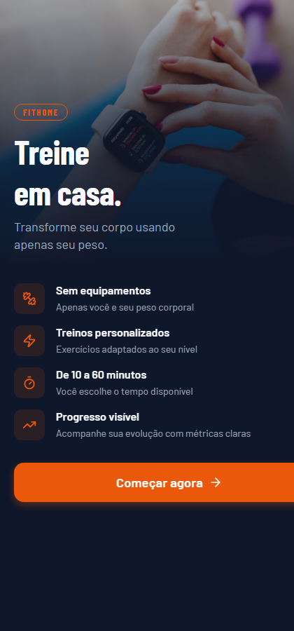 Tela de onboarding do FitHome com novo athletic dark design — deep orange + pace green, Barlow Condensed