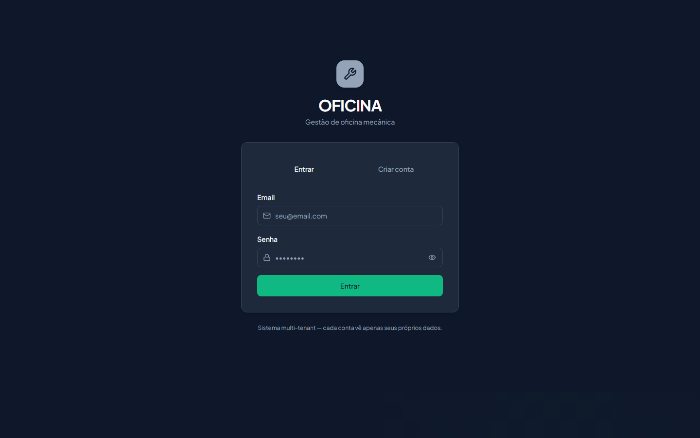 Tela de login do OFICINA com novo design Trust & Authority — paleta industrial slate + accent green, Plus Jakarta Sans