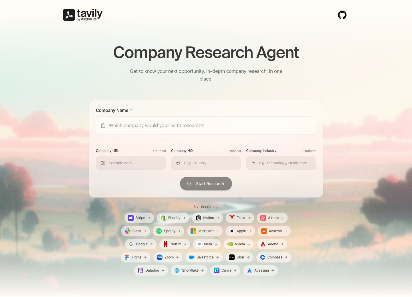 Company Research Agent landing page