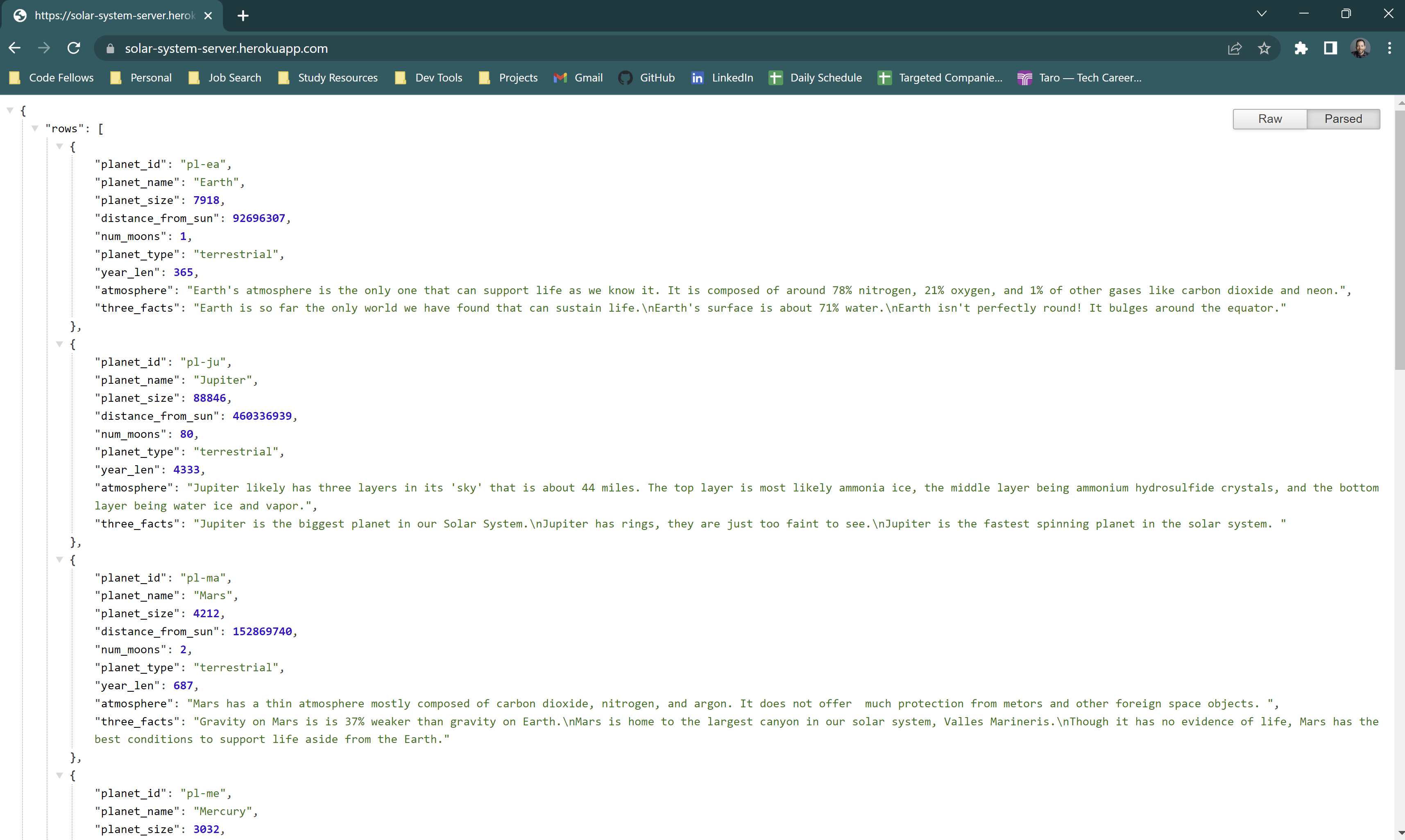 JSON Data Received from Slash Route