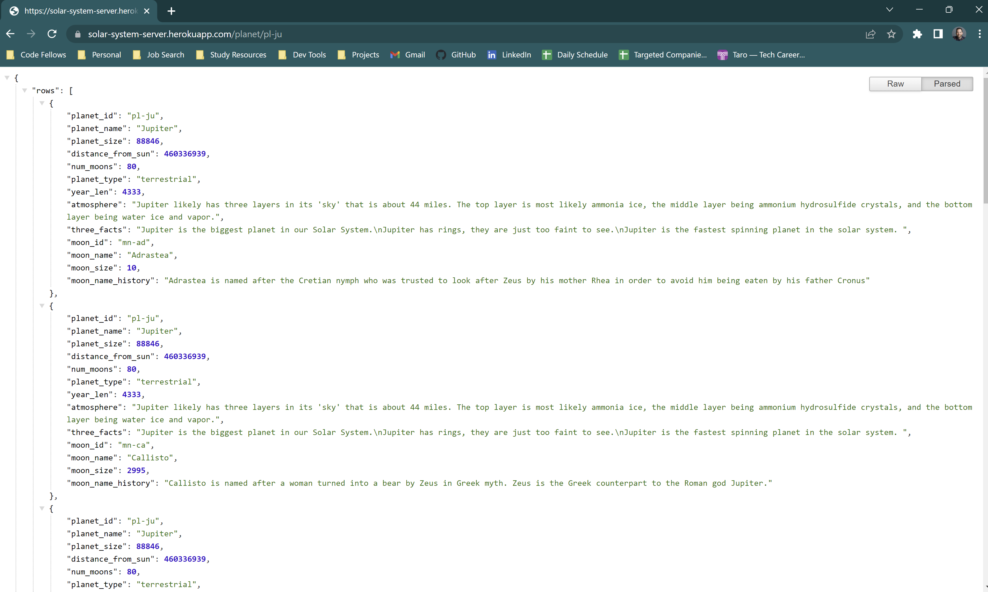 JSON Data Received from Planet Route