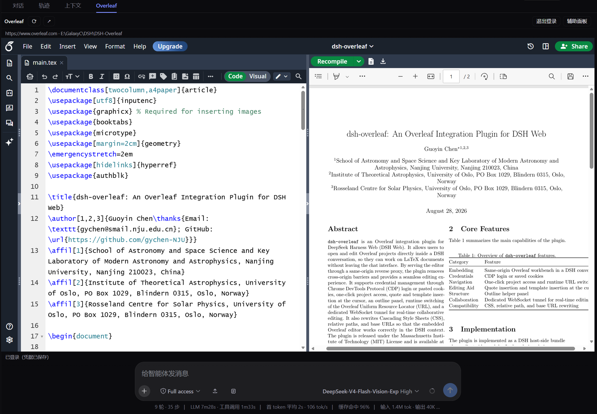 Split view: source and PDF preview