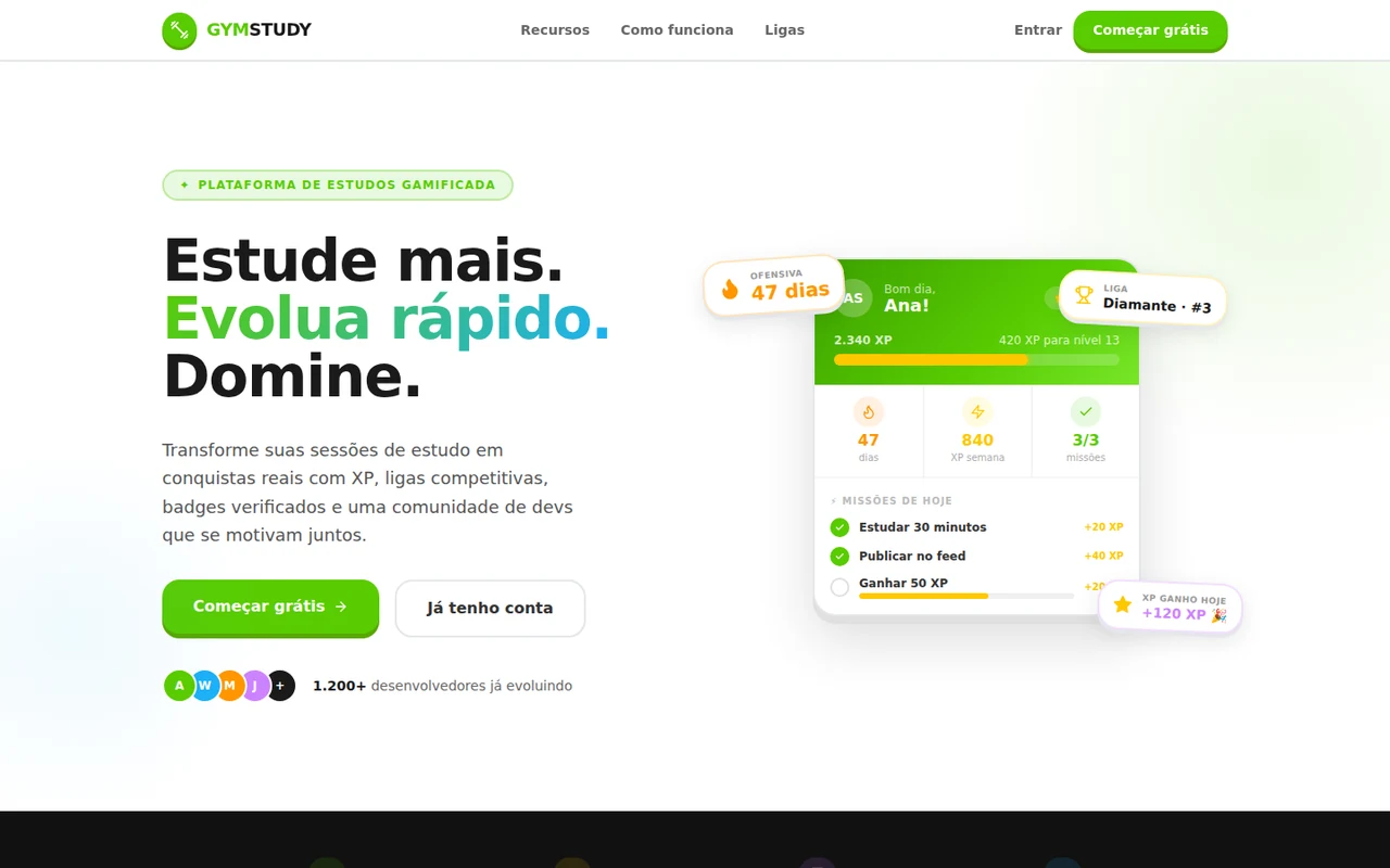 Demonstração do Gym Study: dashboard, timer de estudo, estatísticas, ligas, feed, badges e perfil