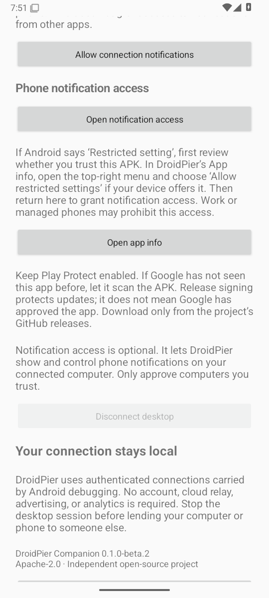 DroidPier Companion notification permissions and restricted-settings help on a clean Android emulator