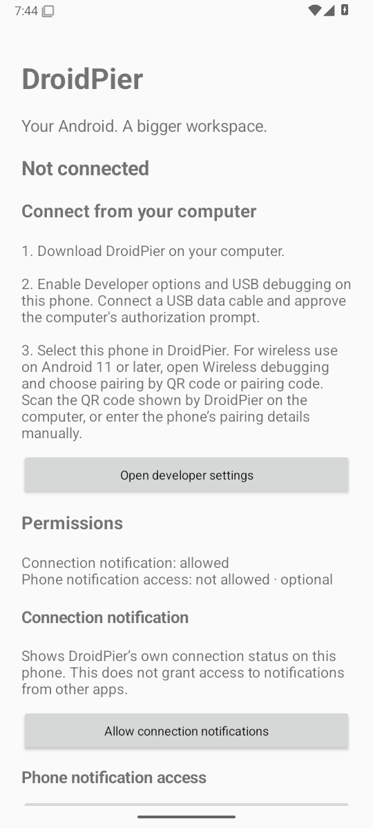DroidPier Companion setup on a clean Android emulator