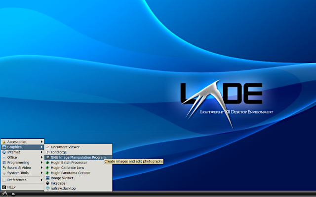 screenshot of LXDE desktop with expanded menu