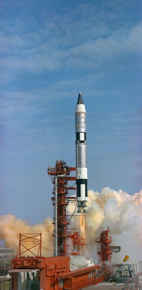 Gemini III, first crewed mission, launching into space