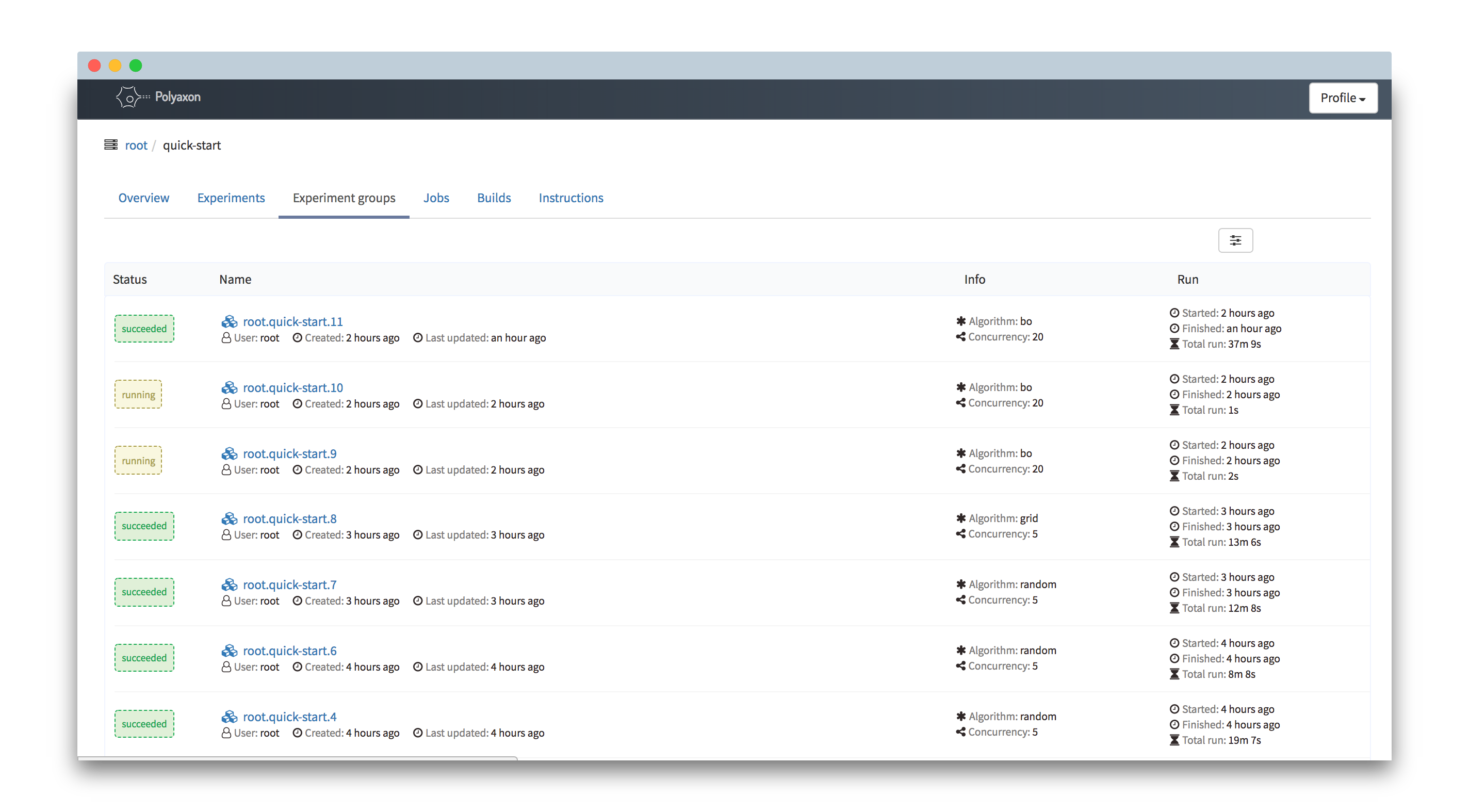 Polyaxon dashboard