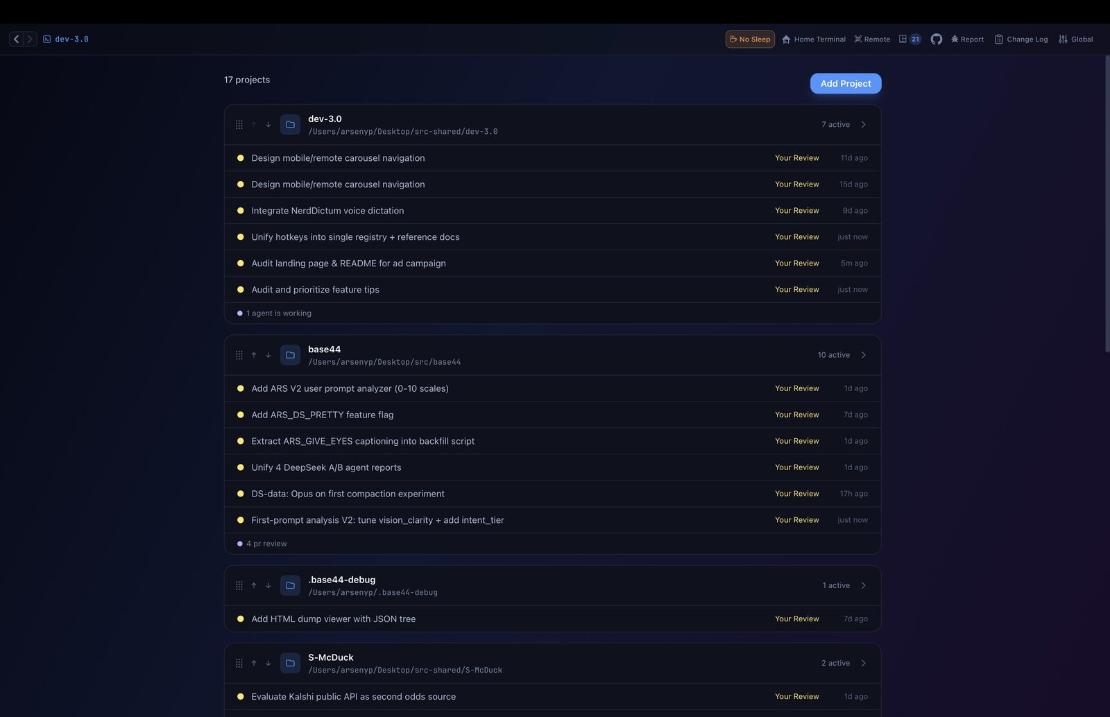 Multi-project activity dashboard with live agent status