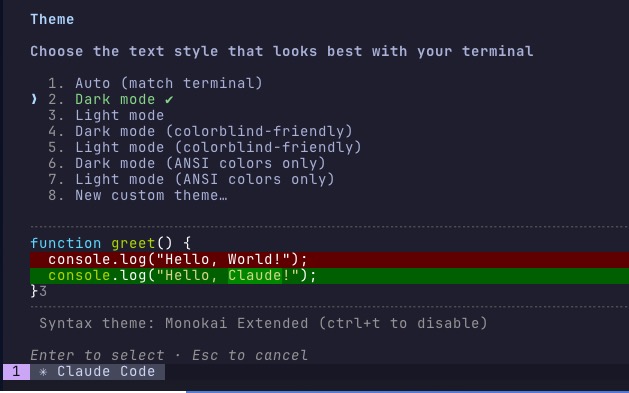 Claude Code theme picker — choose 'Dark mode (ANSI colors only)' or 'Light mode (ANSI colors only)'