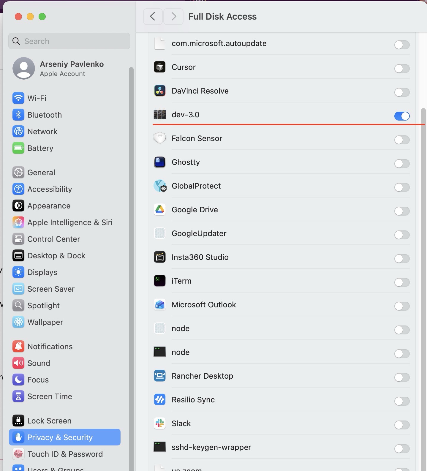 System Settings → Privacy & Security → Full Disk Access with dev-3.0 toggled on