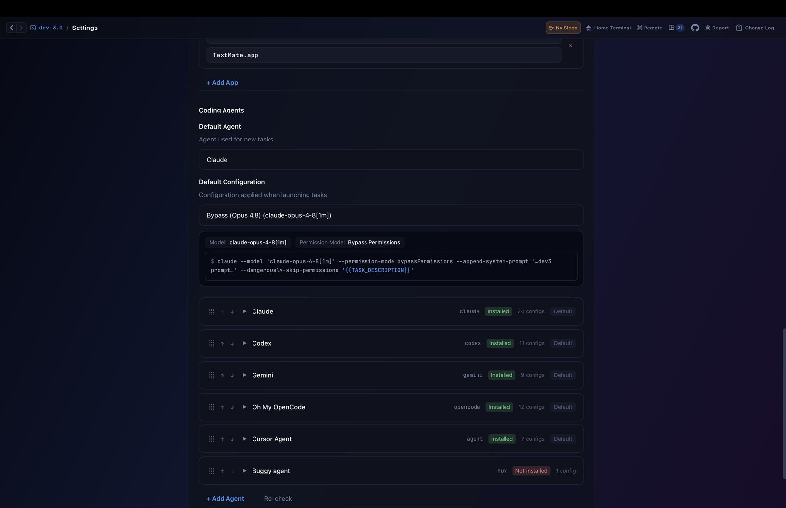 Global settings — agents, configs, languages
