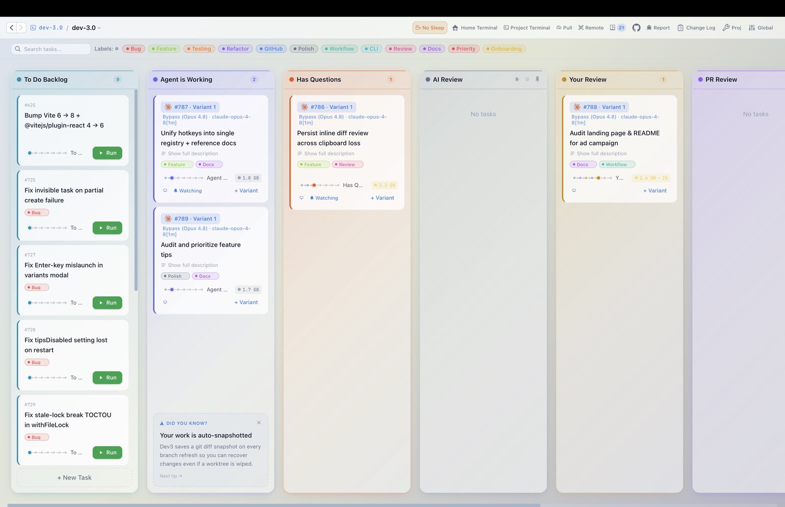 Light theme — Kanban board with labels and tips