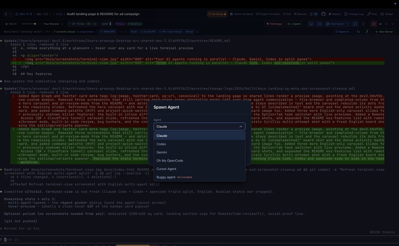 Launch task with multiple AI agents: Claude, Cursor, Codex, Gemini