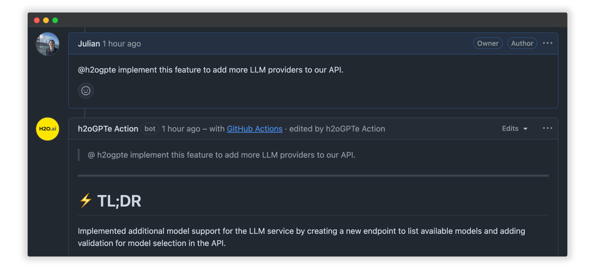 h2oGPTe responding to a comment (dark mode)