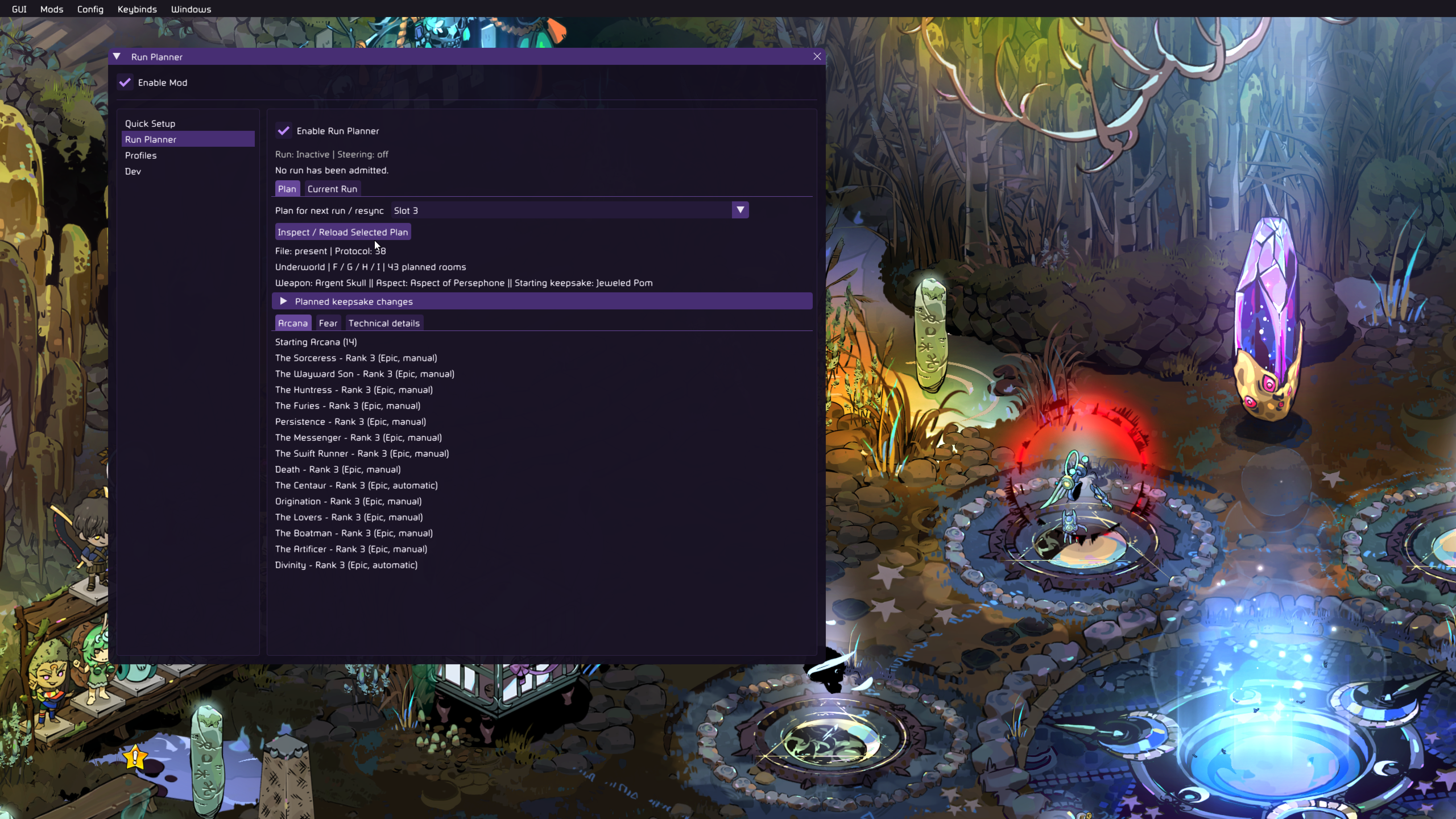 Plan inspection before a run, showing the selected slot, weapon, keepsake, and Arcana