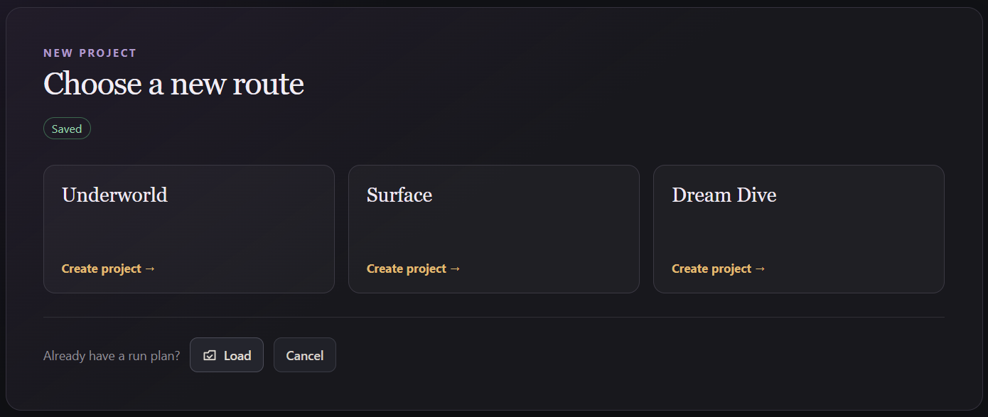 New project screen with Underworld, Surface, Dream Dive, and Load options