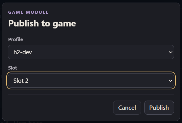 Publish to game dialog showing profile and plan-slot selection