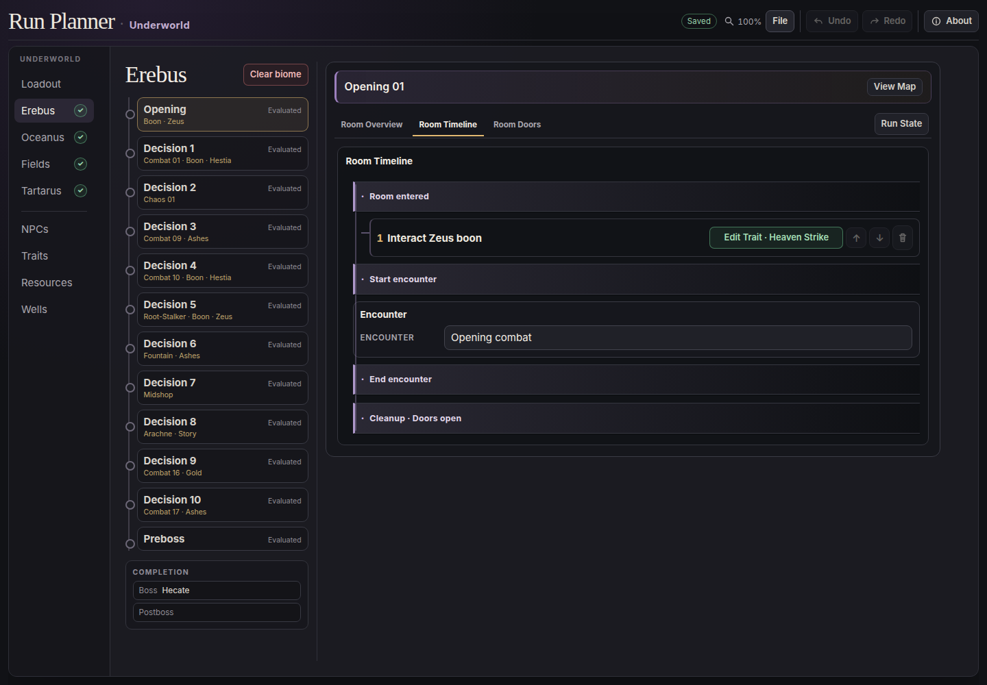 Erebus opening-room timeline with the planned Zeus boon pickup