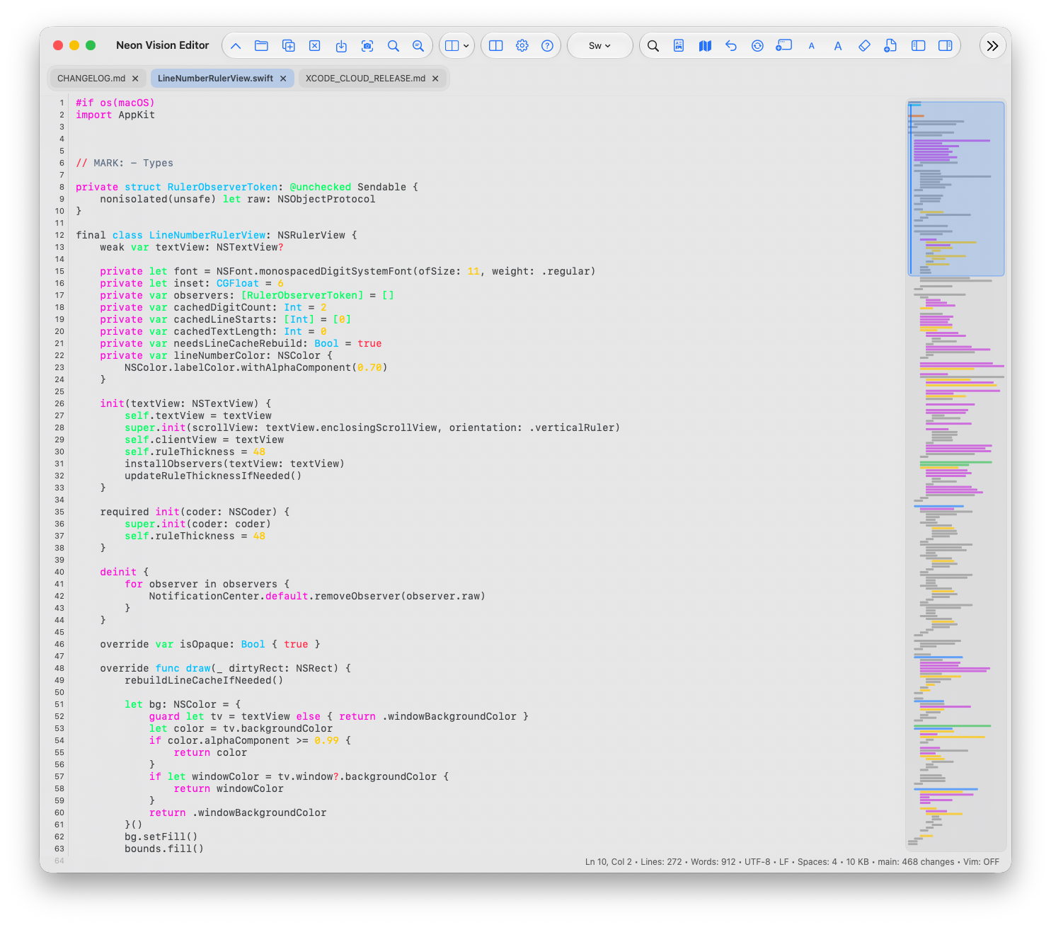 Neon Vision Editor macOS light editor with code minimap