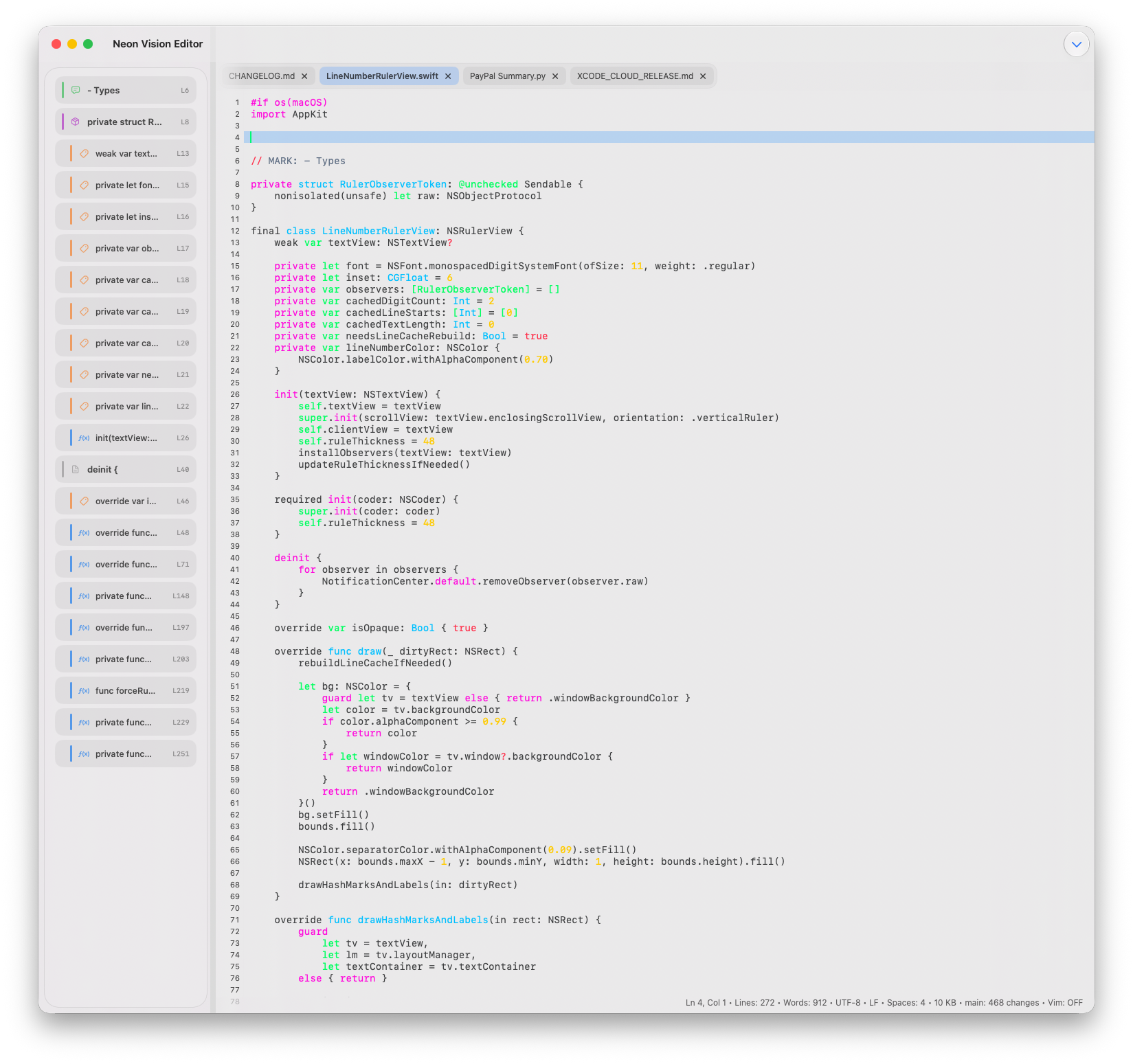 Neon Vision Editor macOS light editor with symbol sidebar