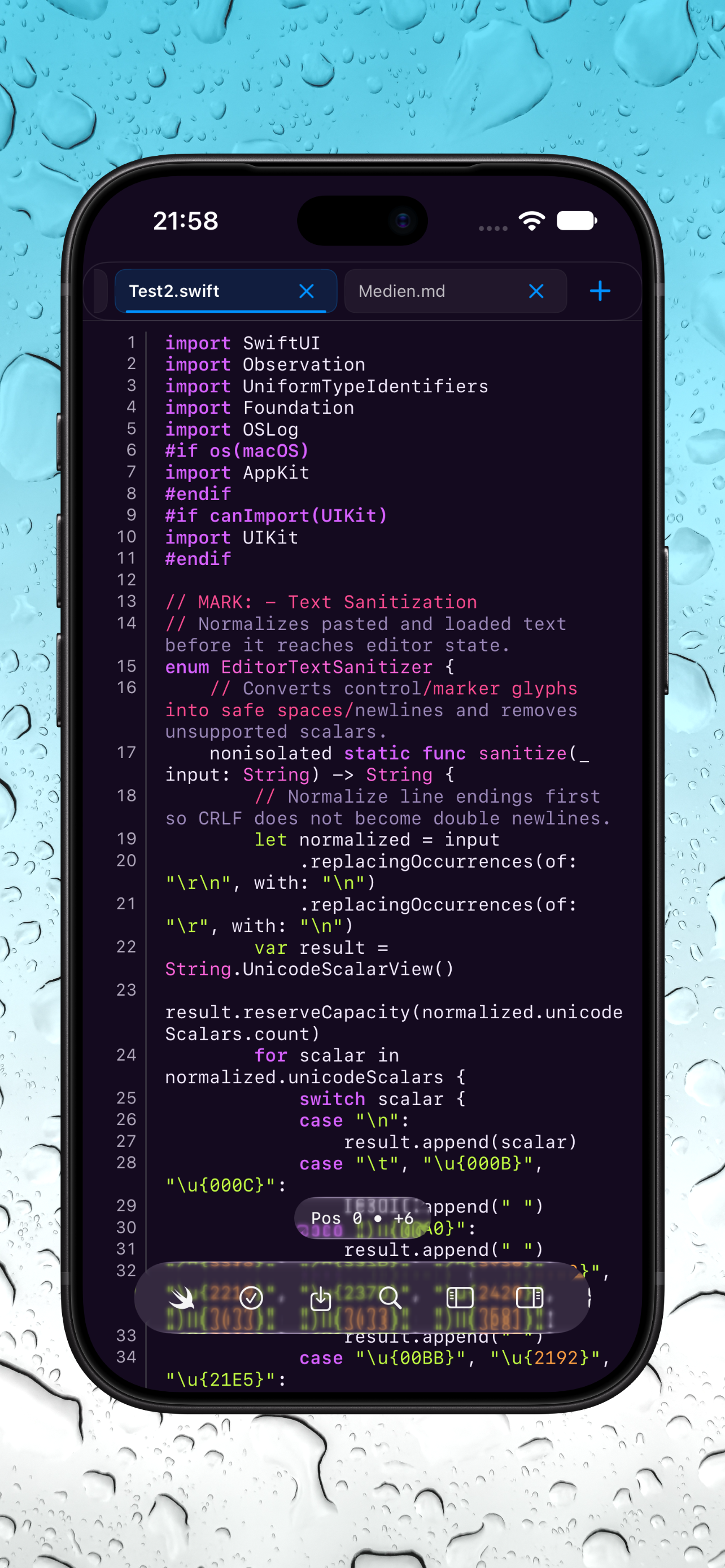 iPhone Swift editor in dark mode with the bottom toolbar