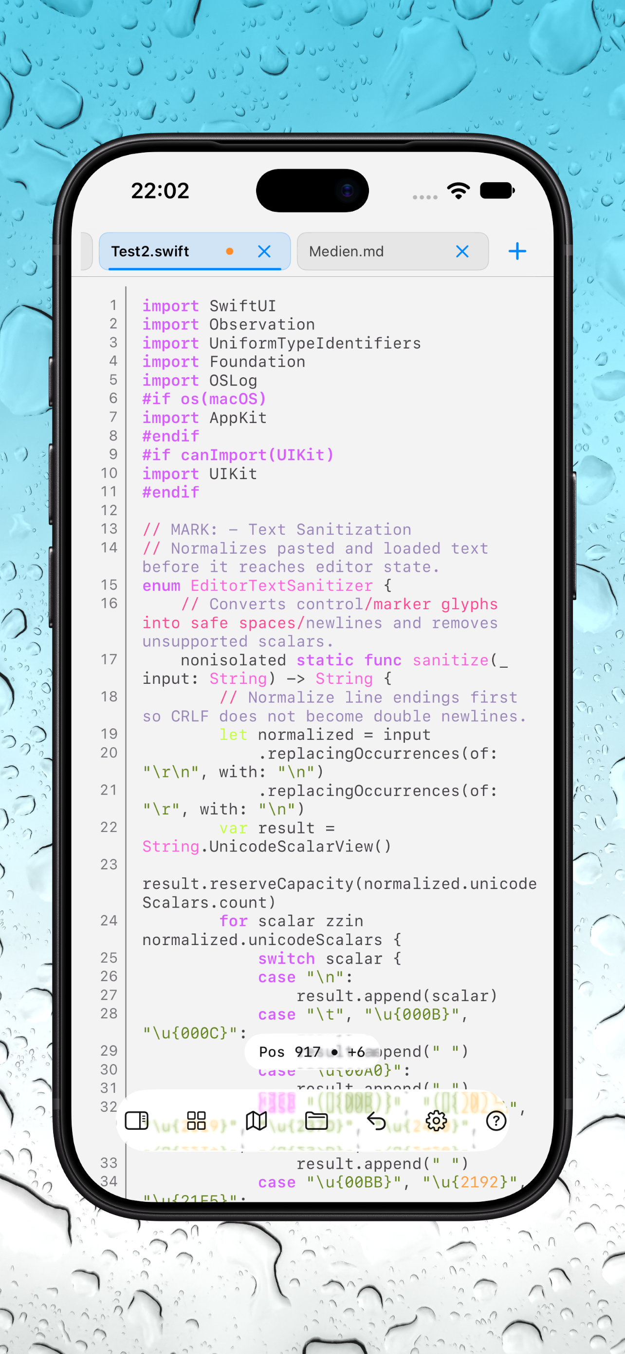 iPhone Swift editor in light mode with the bottom toolbar