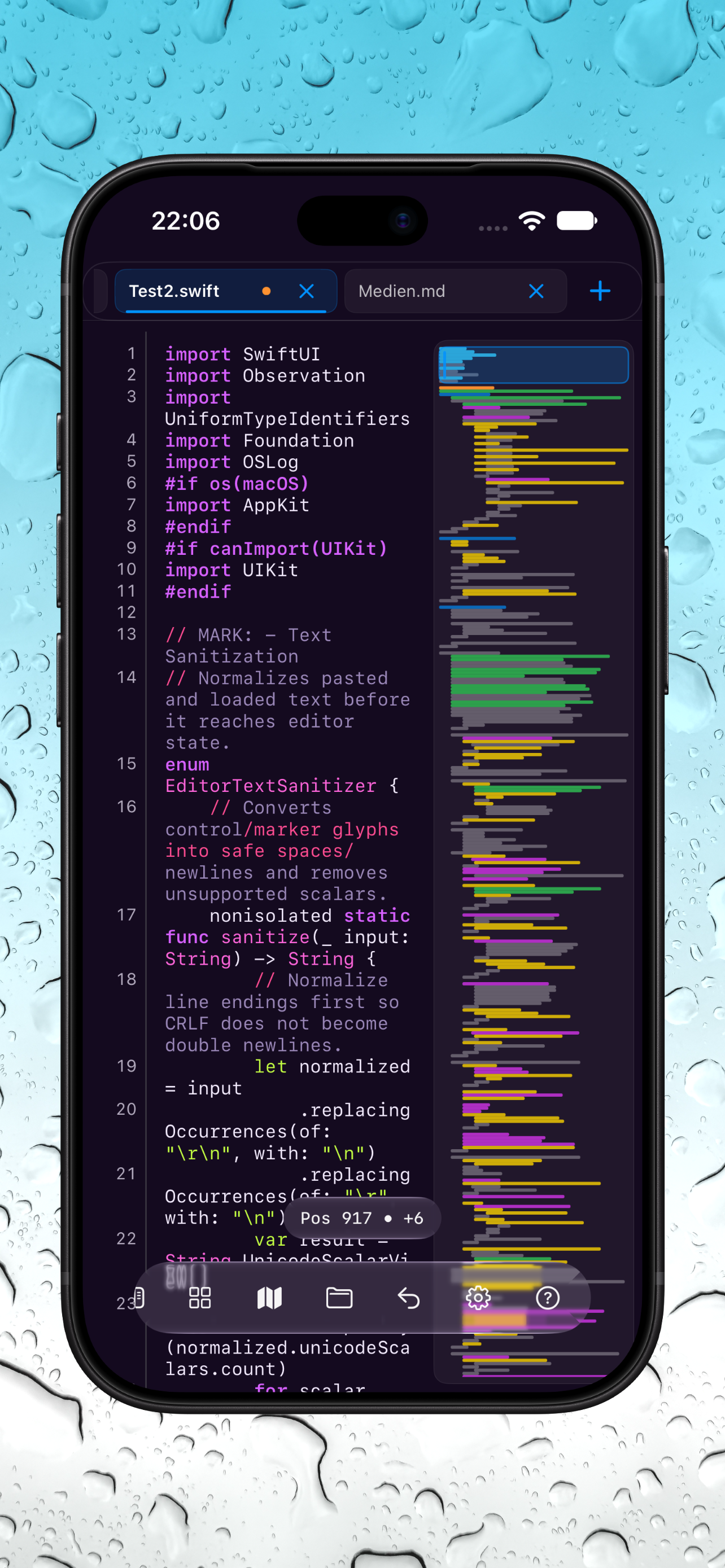 iPhone Swift editor with the code minimap in dark mode