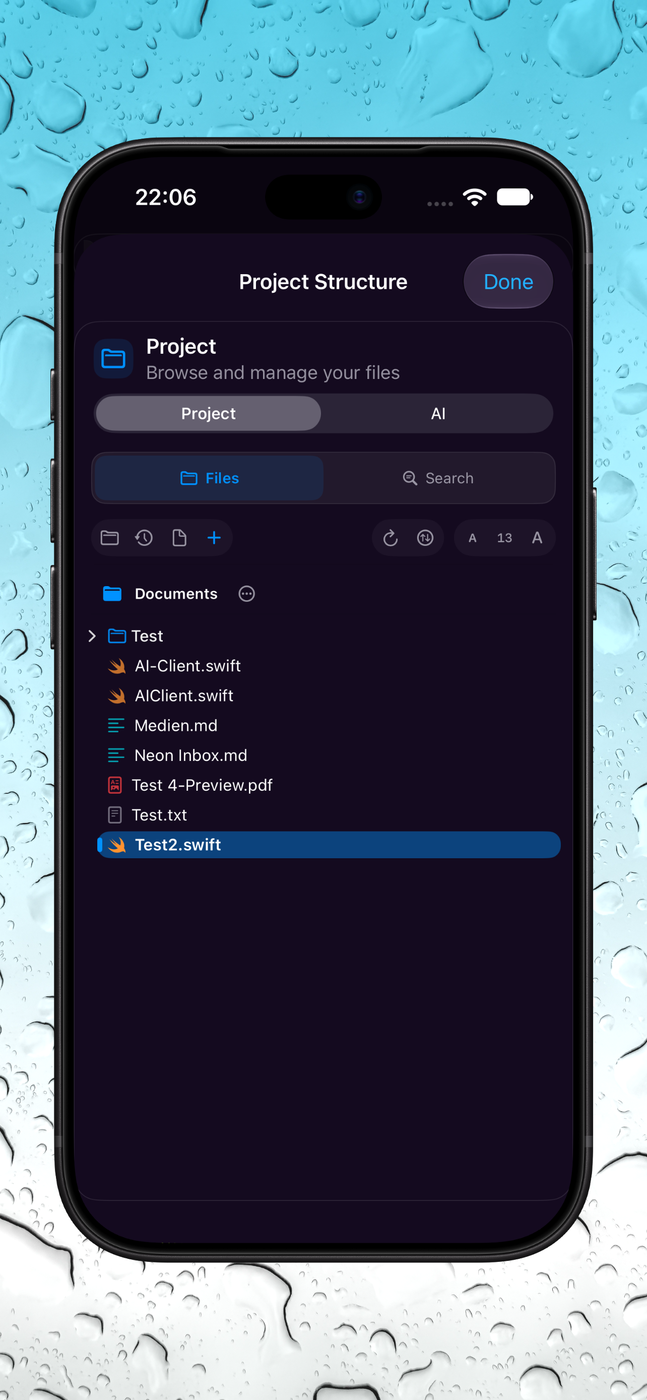 iPhone project file browser in dark mode