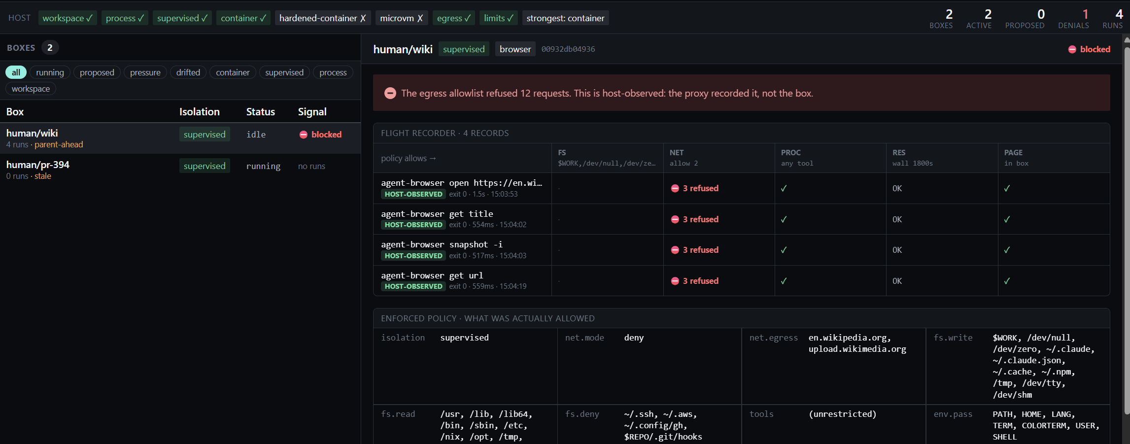 h5i console showing the state of several sandboxes