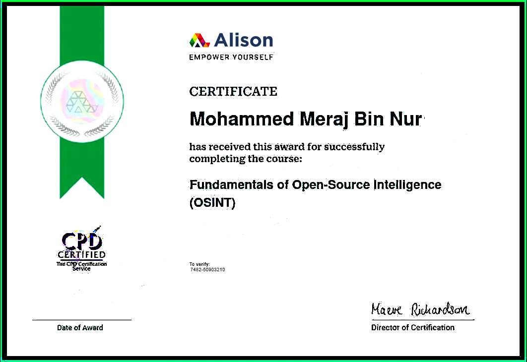 OSINT Fundamentals Certificate from Alison — earned by Mohammed Meraj Bin Nur (HaXor Falcon)