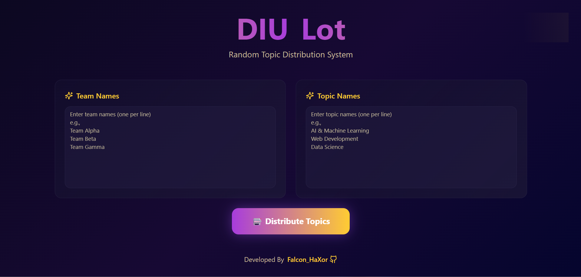 Team Lottery — Random team assignment web tool by HaXor Falcon (Mohammed Meraj Bin Nur)