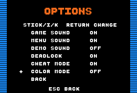 OPTIONS screen of MICRO-SOKOBAN 1.2