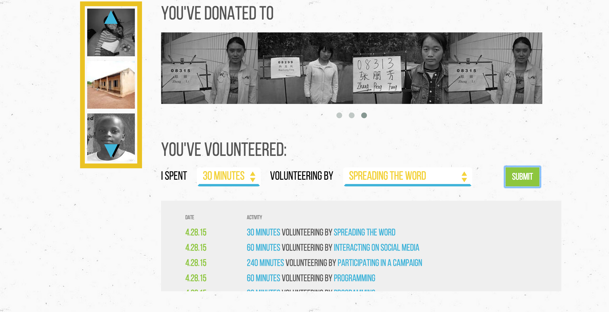 Dashboard with impact ticker and volunteer hours log