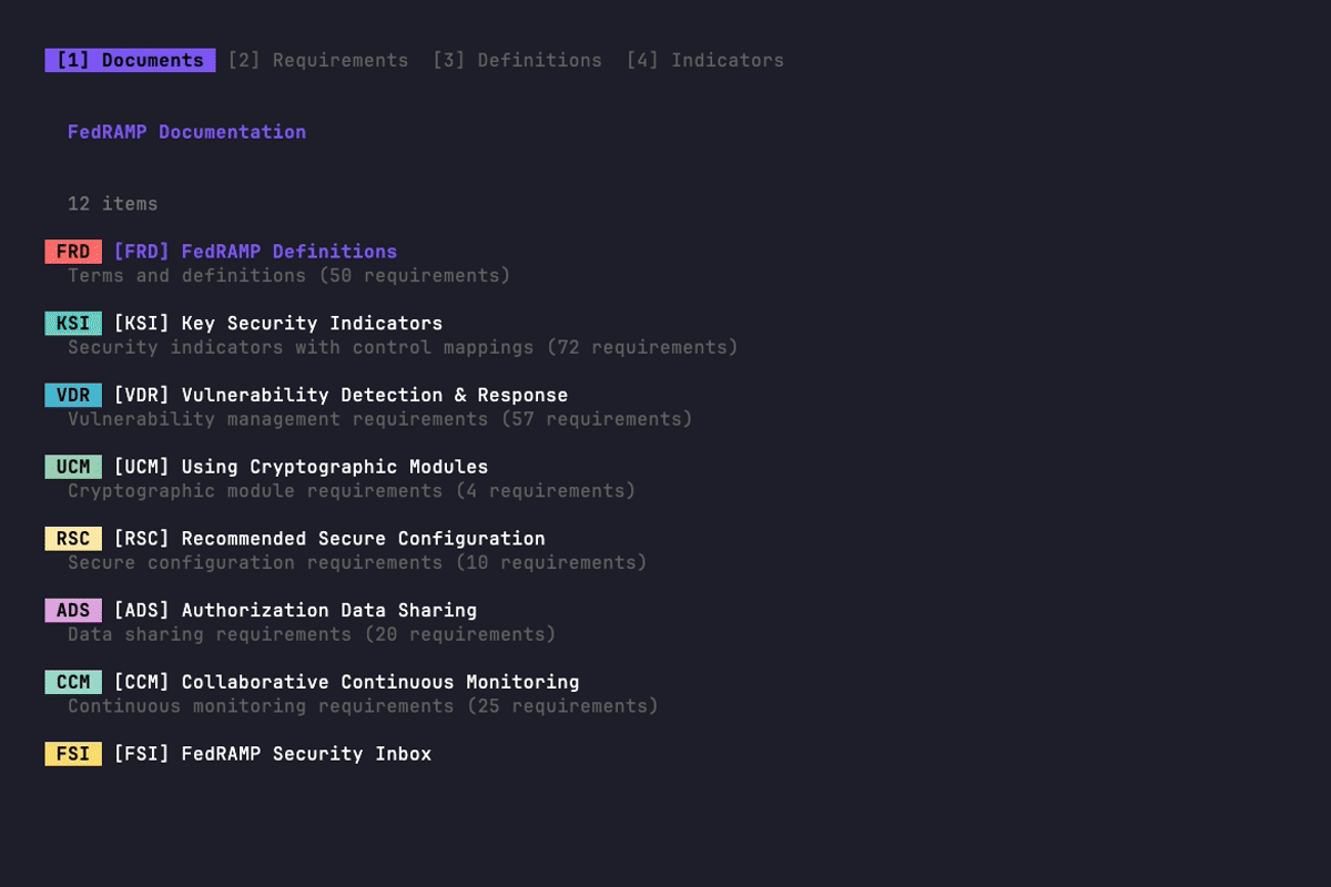 fedramp-browser TUI navigating the official FedRAMP docs corpus