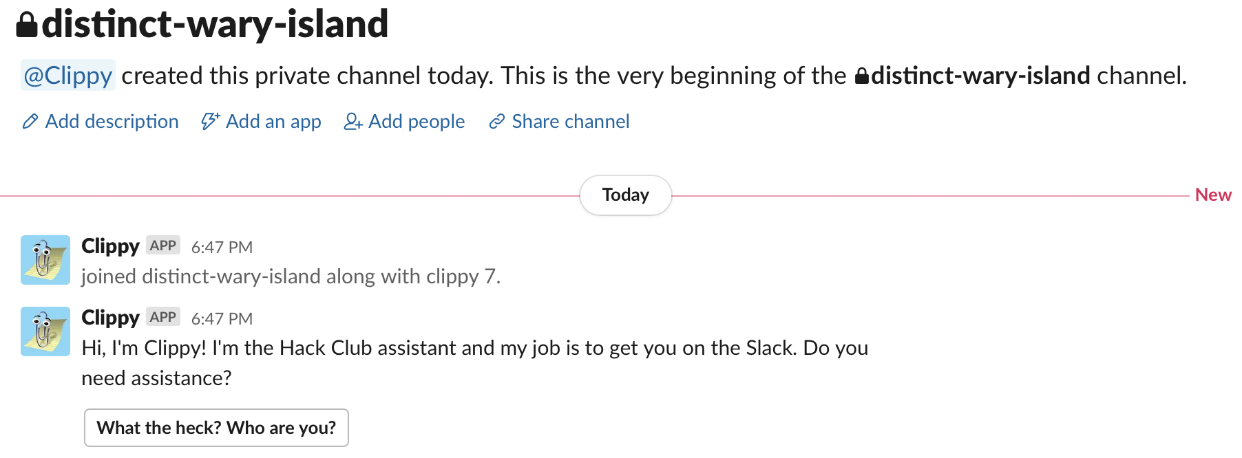 An image containing the first few messages Clippy sends when someone joins the Slack