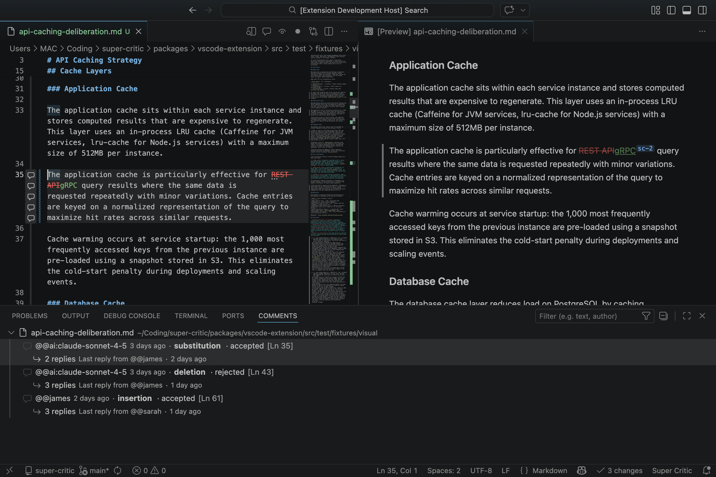 ChangeDown in VS Code — smart view with markdown preview and comment threads