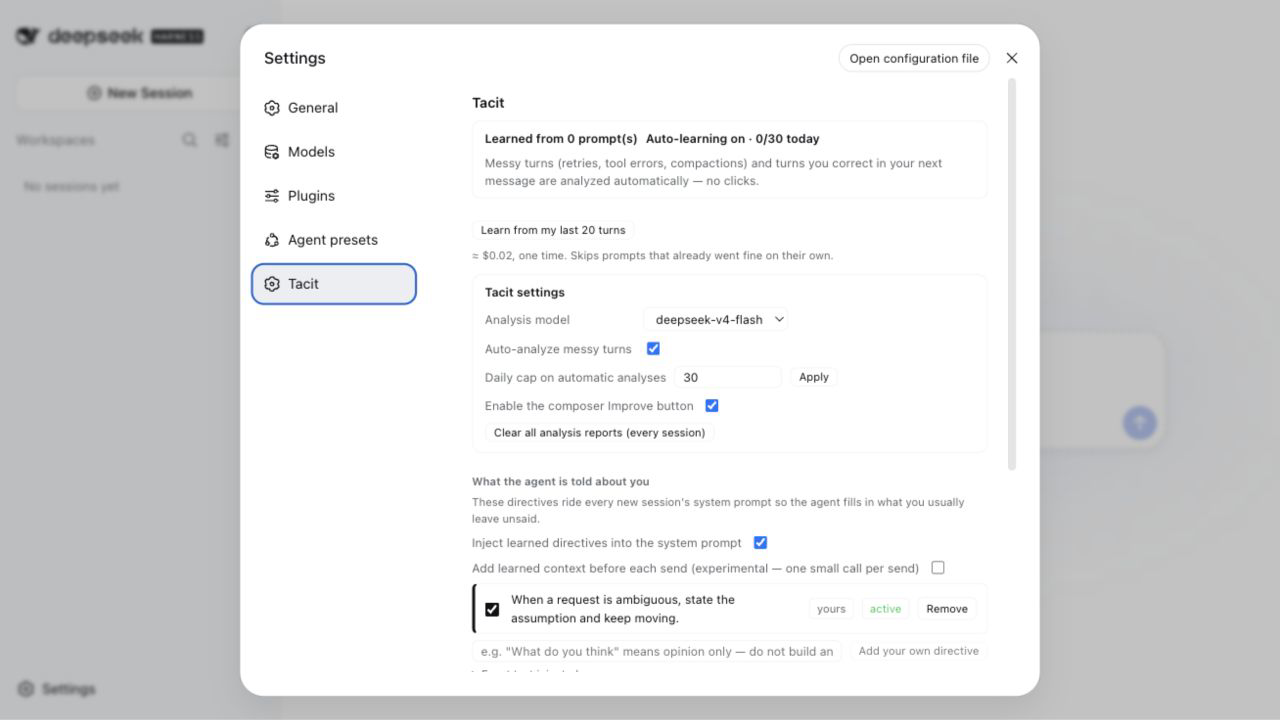 Tacit settings with automatic learning controls and an editable active directive