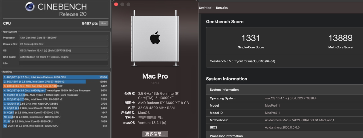 macOS Ventura Cinebench R20 & Geekbench 5